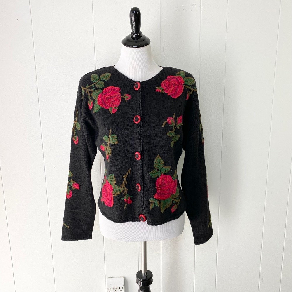 Vintage Black Rose Floral Embroidered Snap Button Cardigan Sweater Medium
